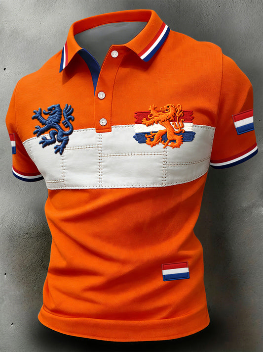 Retro Nederlandse Koningsdag Geometrische Patchwork Casual Poloshirt