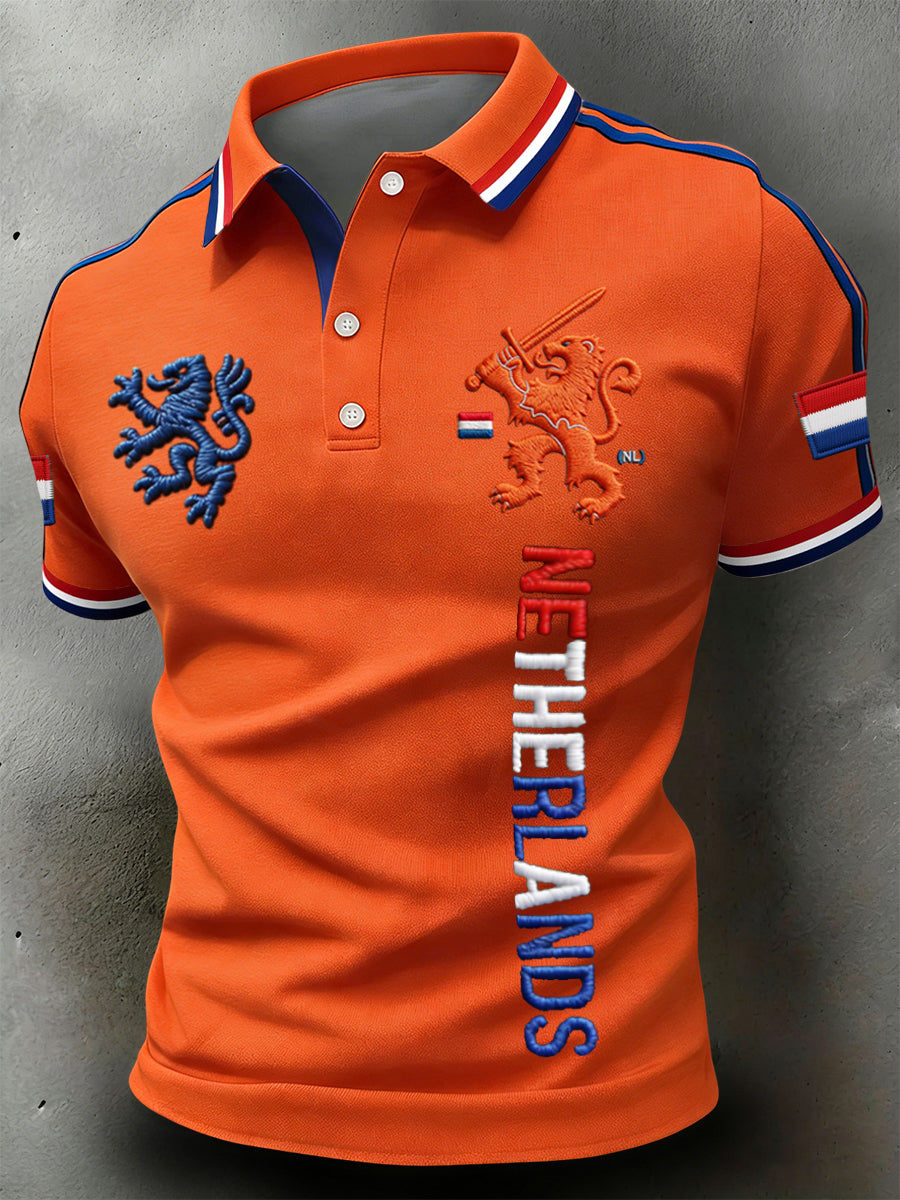 Retro Nederlandse Koningsdag Leeuw Embleem Casual Poloshirt