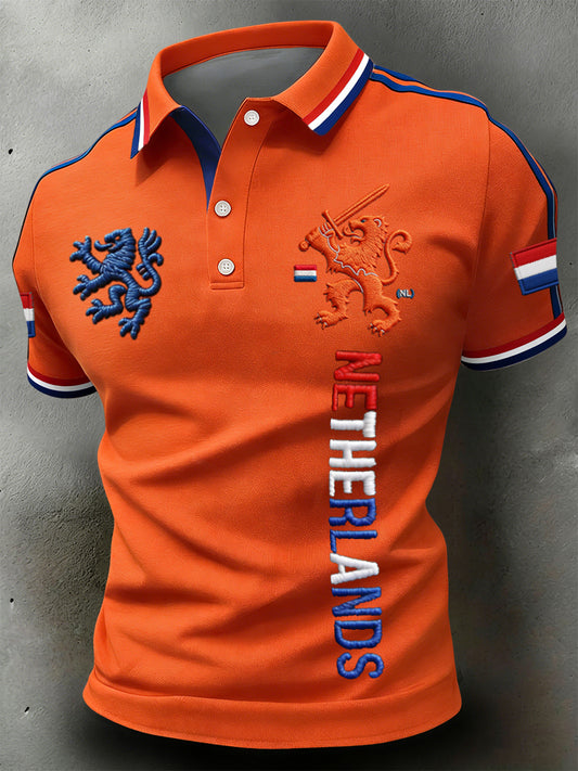 Retro Nederlandse Koningsdag Leeuw Embleem Casual Poloshirt