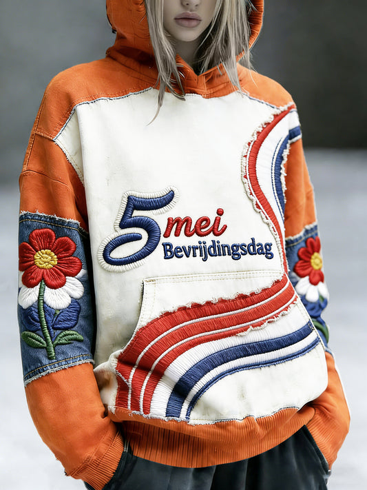 Dames Nederlandse Bevrijdingsdag Bloemen Patchwork Print Casual Sweatshirt met capuchon