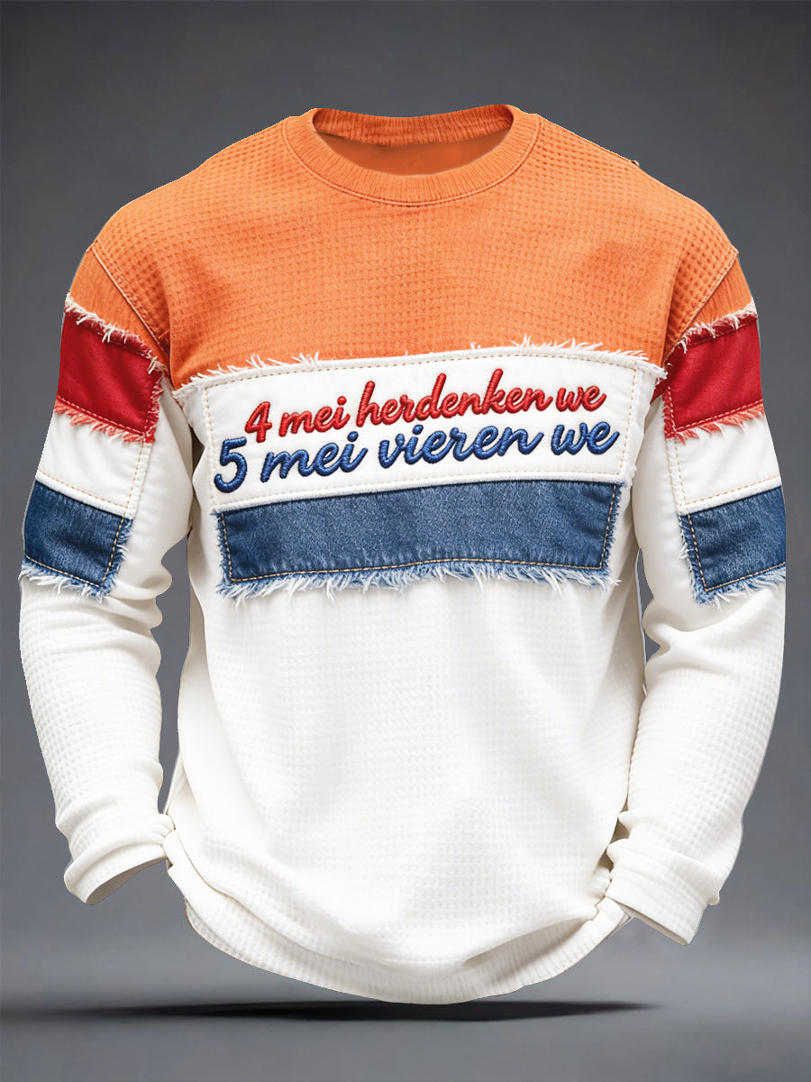 Heren Nederlandse Bevrijdingsdag Patchwork Print Waffle Weave T-shirt met lange mouwen