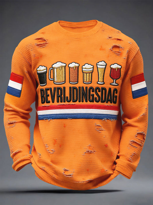 Heren Nederlandse Bevrijdingsdag Distressed Print Casual T-shirt met lange mouwen