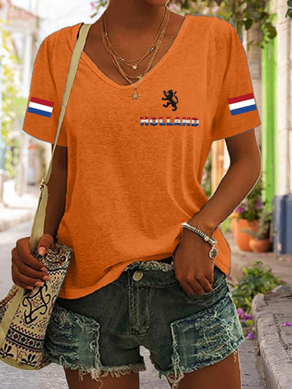 Dames Koningsdag katoenen T-shirt met V-hals