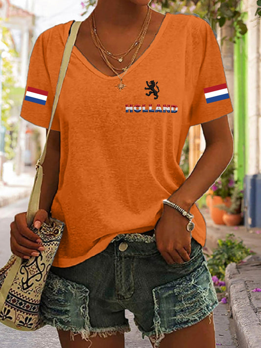 Dames Koningsdag katoenen T-shirt met V-hals