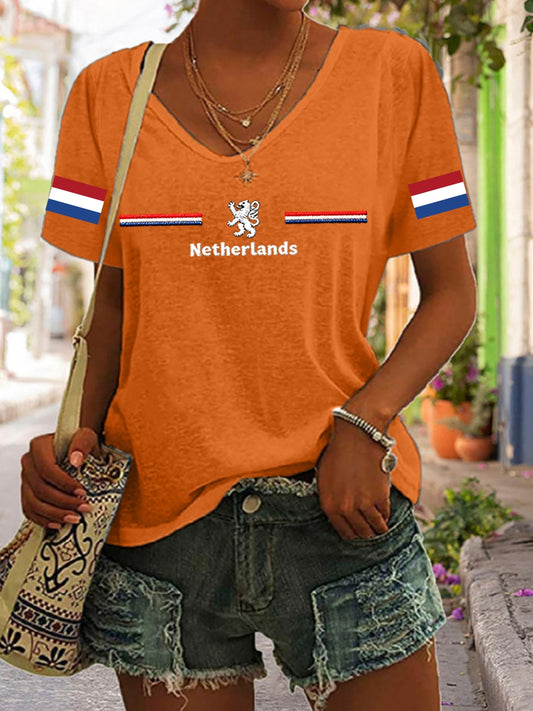 Dameskatoenen T-shirt met V-hals voor Koningsdag