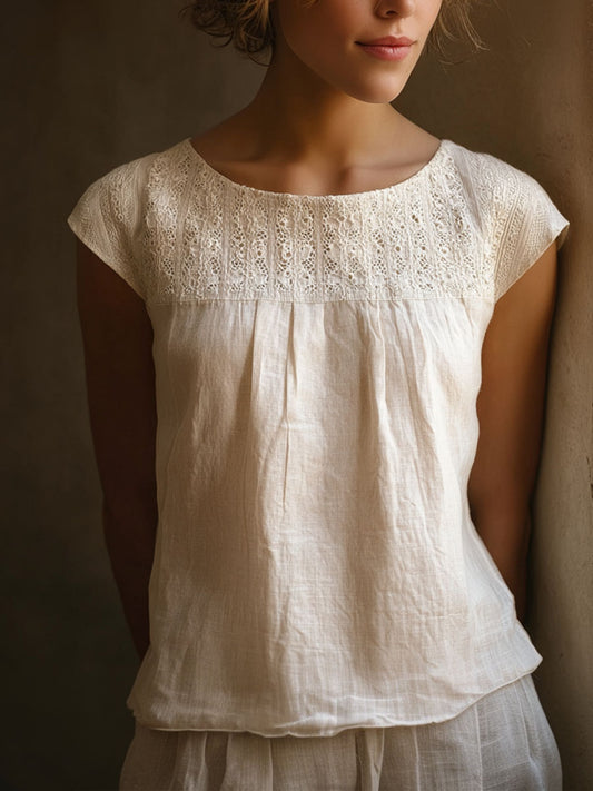 Dames vintage kanten linnen shirt met patchwork