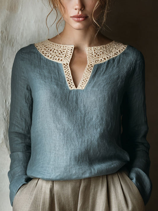 Vintage lace patchwork linnen overhemd voor dames