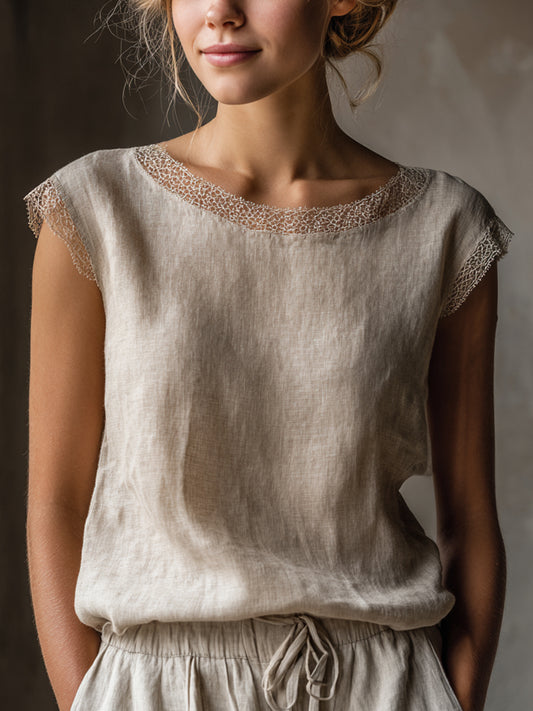 Elegant Lace Patchwork Linnen Overhemd voor dames