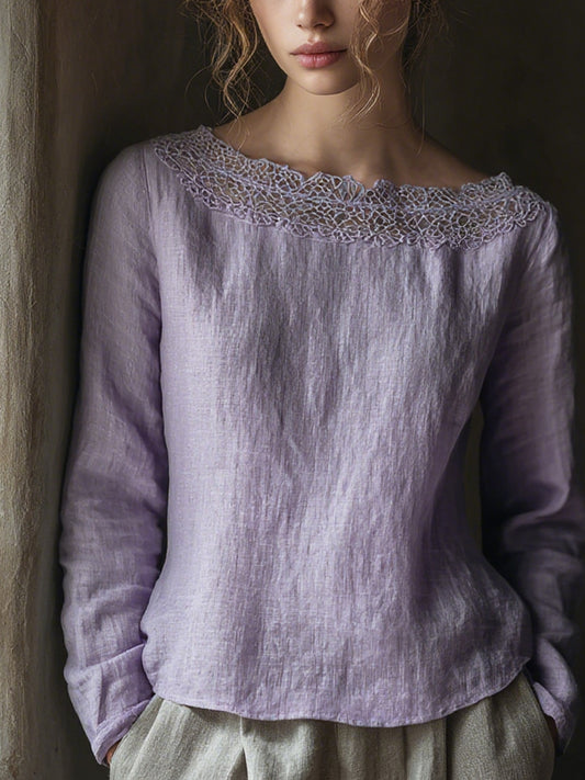 Elegant Lace Patchwork Linnen Overhemd voor dames