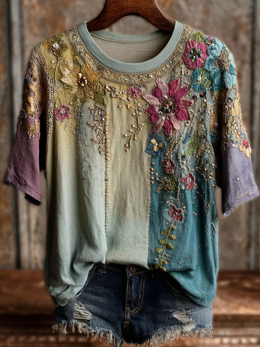 Dames vintage bloemenprint casual T-shirt met korte mouwen