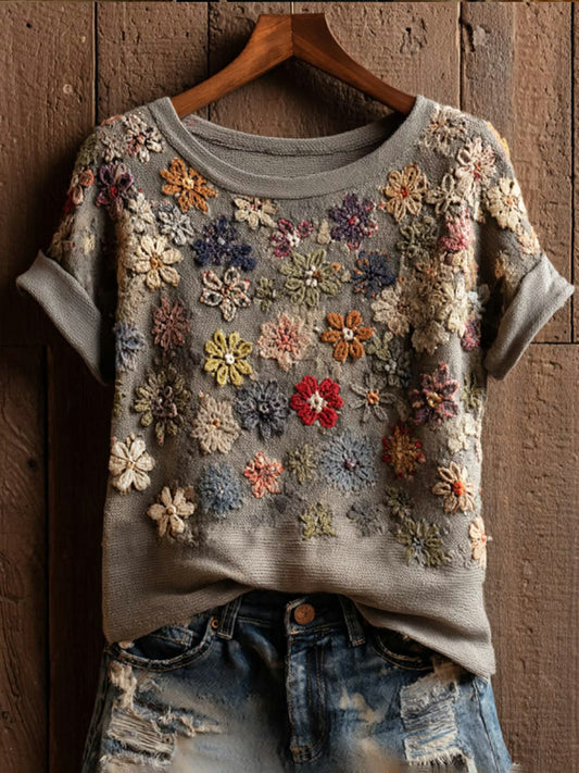 Dames vintage bloemenkunstprint casual T-shirt met korte mouwen