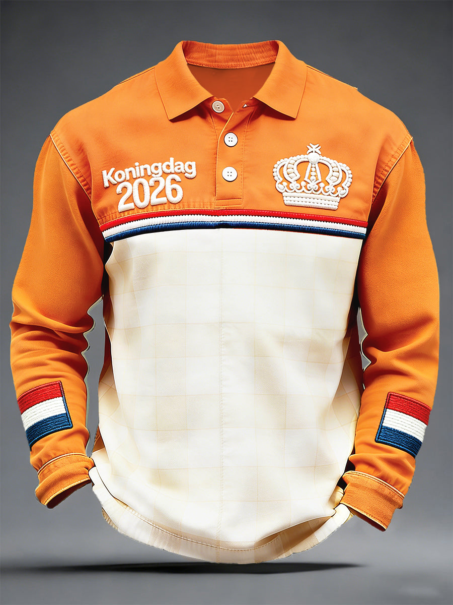 Nederlandse Koningsdag 2026 geruite patchwork print poloshirt met lange mouwen