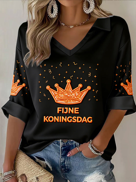 Dames Nederlandse Koningsdag kroonprint zwart mode V-hals T-shirt met lange mouwen