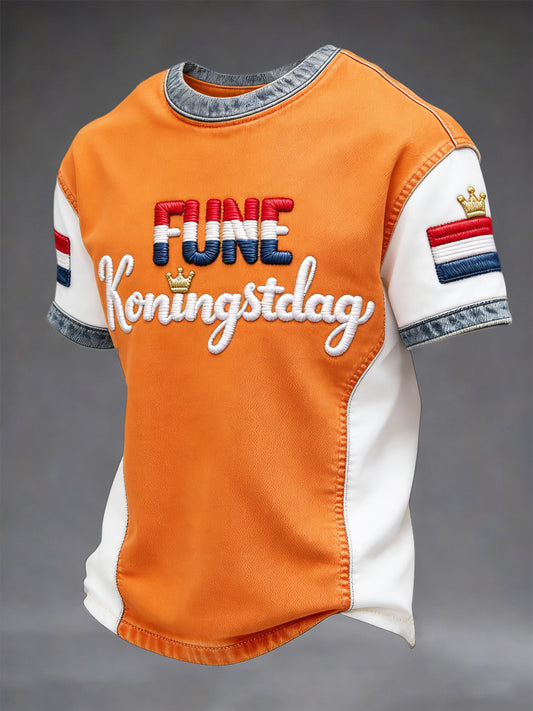 Heren Nederlandse Koningsdag Patchwork Print Casual Oranje T-shirt