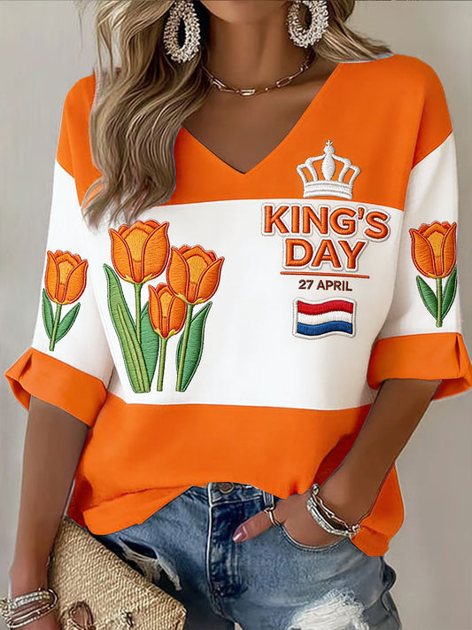 Dames Nederlandse Koningsdag bloemenpatchwork print mode V-hals T-shirt met lange mouwen