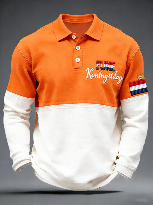 Nederlandse Koningsdag patchwork print minimalistisch poloshirt met lange mouwen