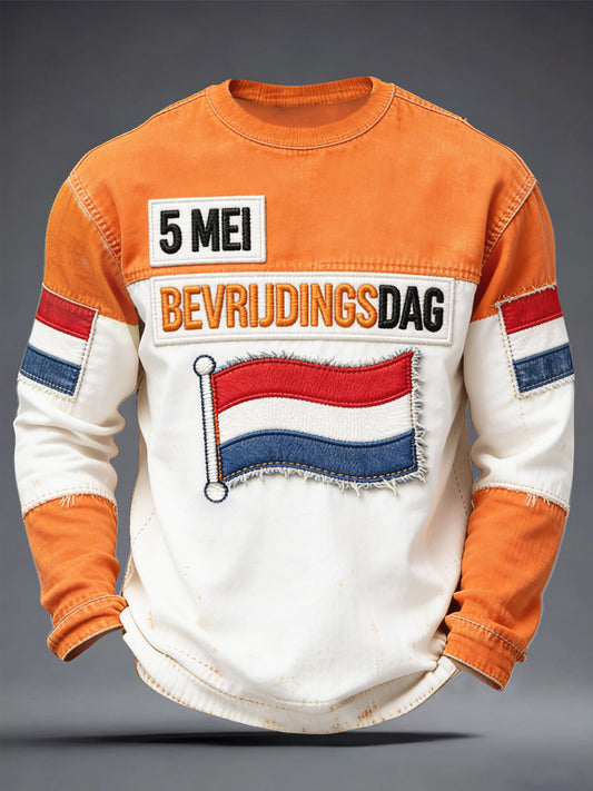 Herendag Nederlandse Bevrijding Patchwork Print Casual T-shirt met lange mouwen