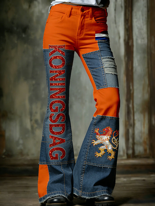 Damesbroeken in vintagestijl met uitlopende pijpen voor de Nederlandse Koningsdagviering