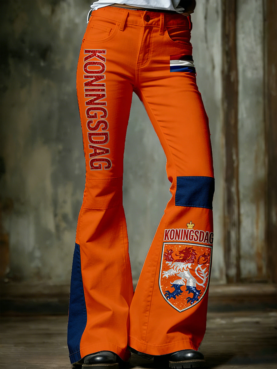 Damesbroeken in vintagestijl met uitlopende pijpen voor de Nederlandse Koningsdagviering