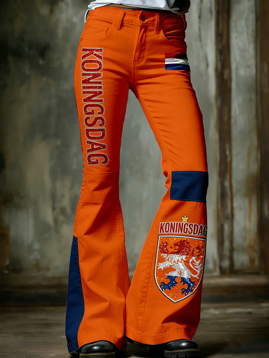 Damesbroeken in vintagestijl met uitlopende pijpen voor de Nederlandse Koningsdagviering