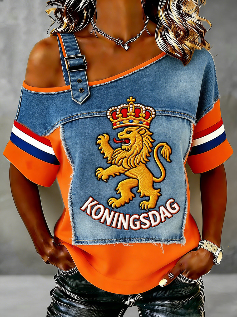 Dames vintage off-shoulder top voor Nederlandse koningsdagvieringen