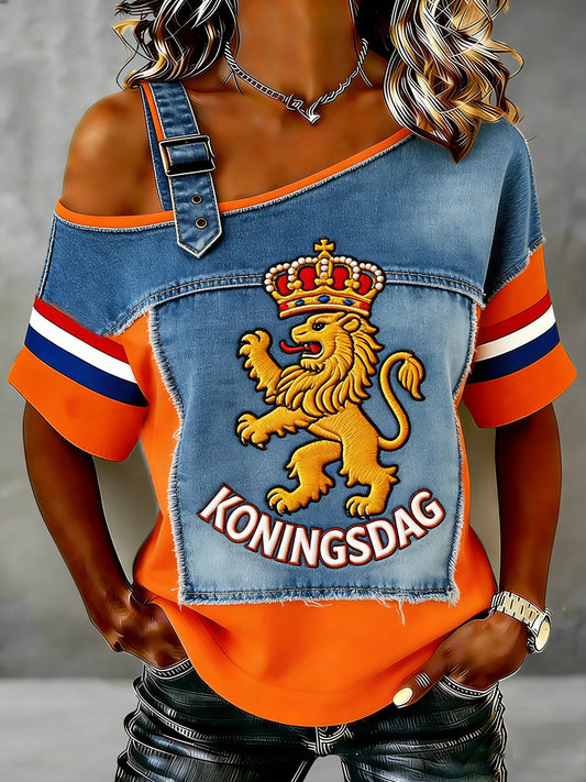 Dames vintage off-shoulder top voor Nederlandse koningsdagvieringen