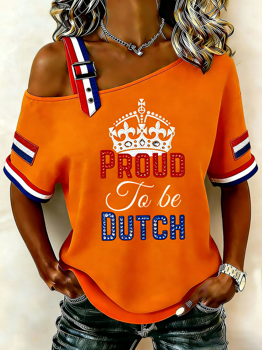 Dames Vintage Nederlandse Koningsdag Viering Casual off-shoulder T-shirt