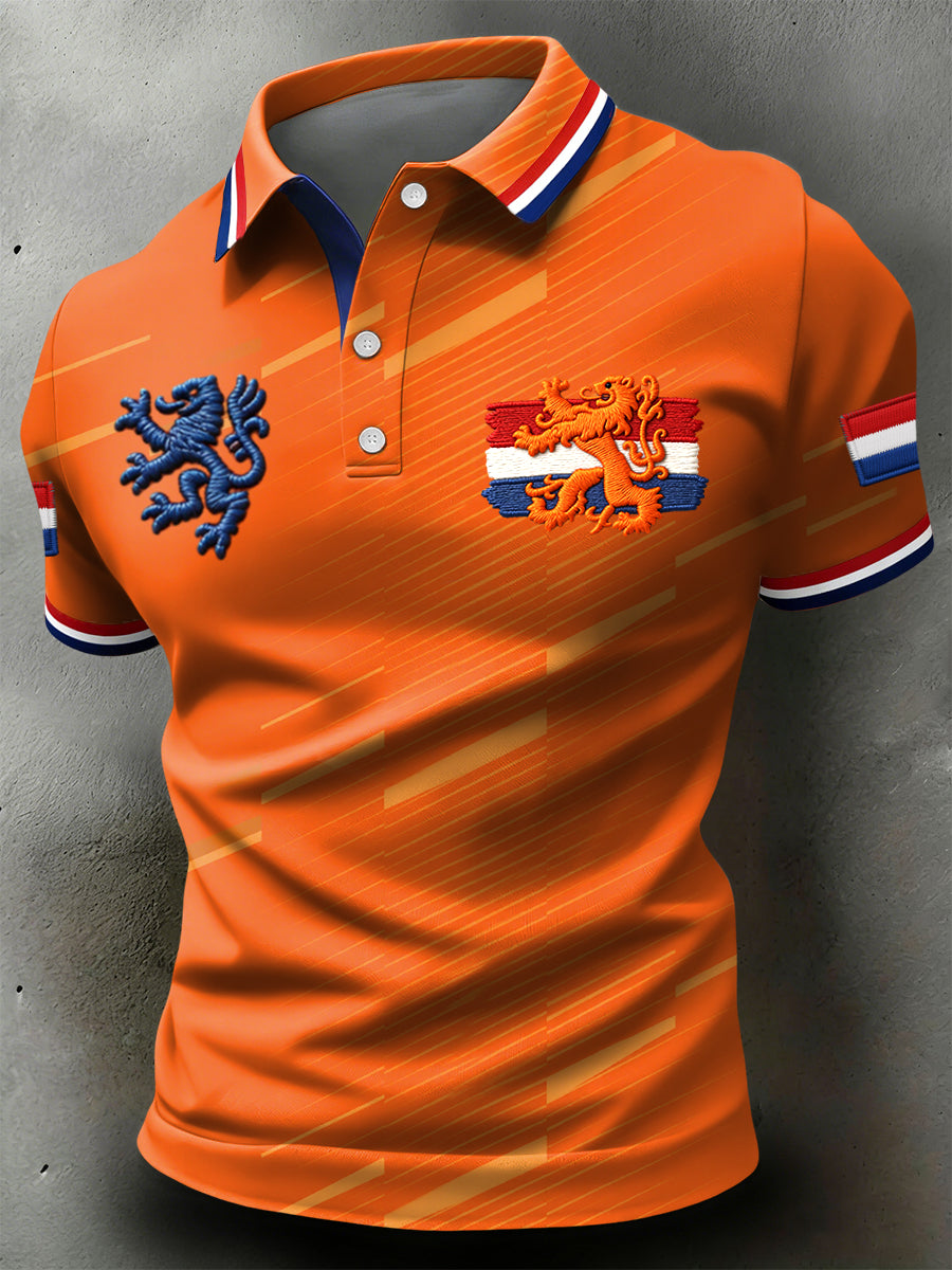 Retro Nederlandse koningsdag geometrisch gestreept casual poloshirt