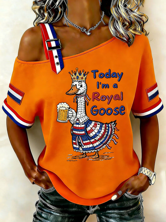 Dames Vintage Nederlandse Koningsdag Beer Casual off-shoulder T-shirt