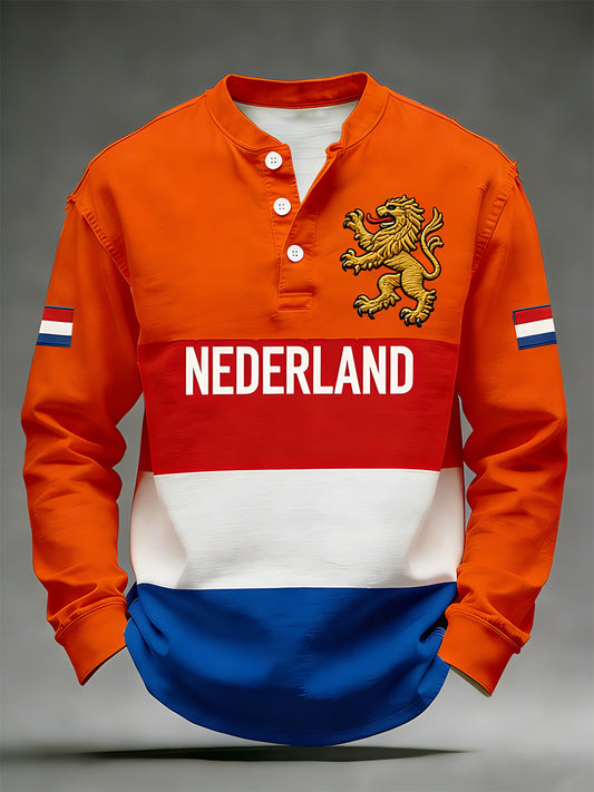 Heren T-shirt voor Koningsdag met print en V-hals, lange mouwen