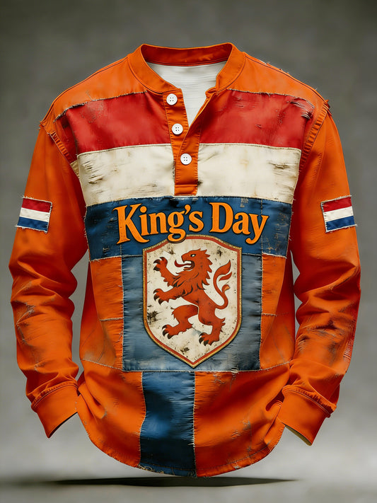 Heren T-shirt voor Koningsdag met print en V-hals, lange mouwen