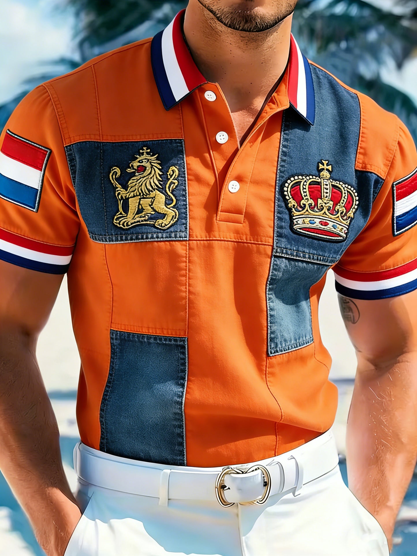 Herenpolo met herdenkingsprint in patchworkstijl voor de Nederlandse Koningsdag