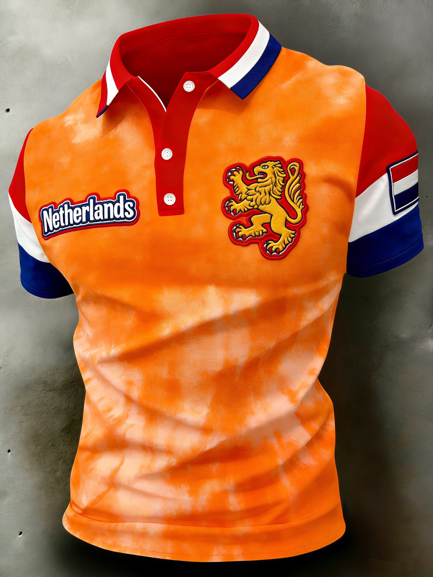 Herenpolo met herdenkingsprint in patchworkstijl voor de Nederlandse Koningsdag