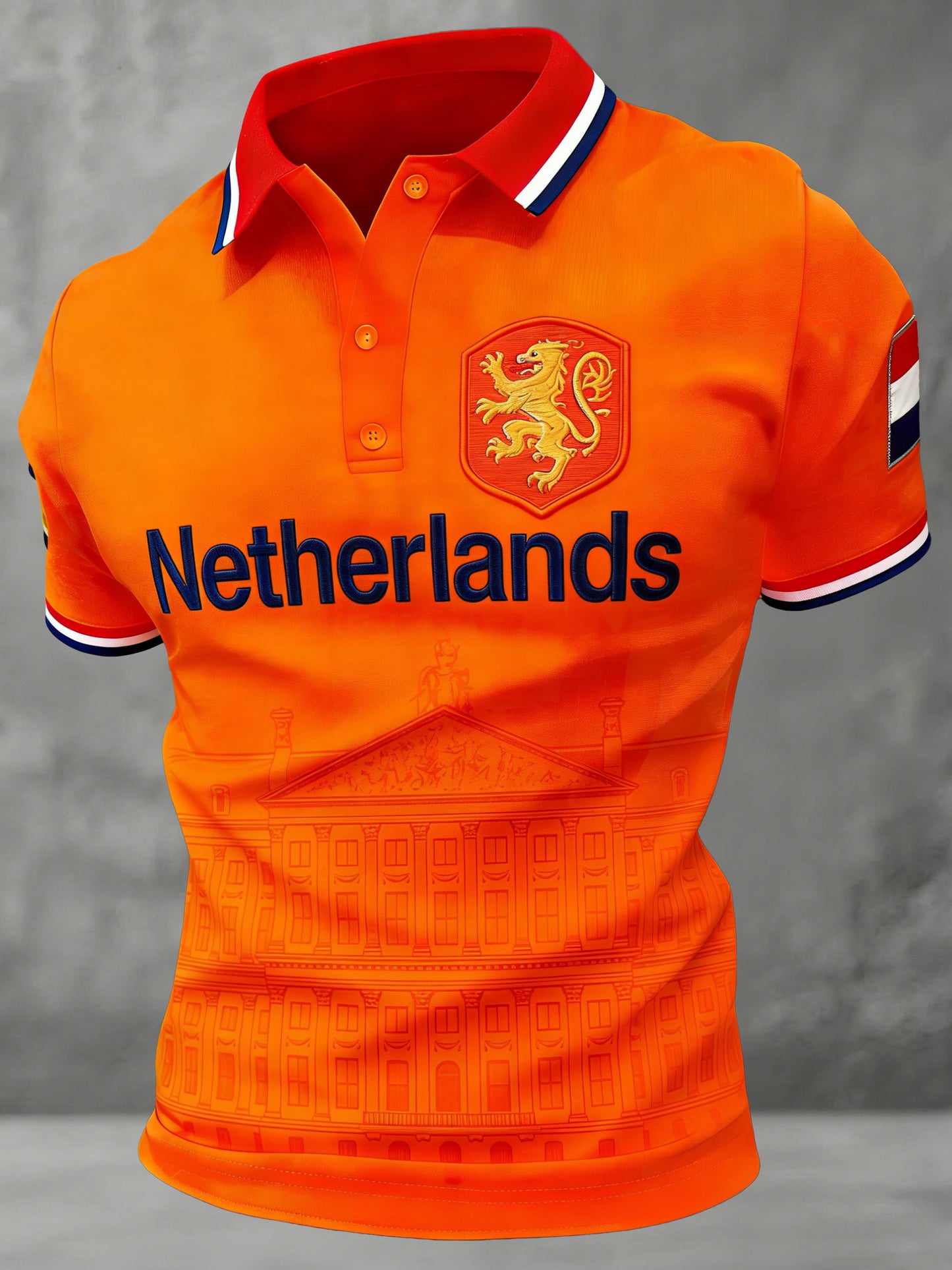 Herenpolo met herdenkingsprint in patchworkstijl voor de Nederlandse Koningsdag