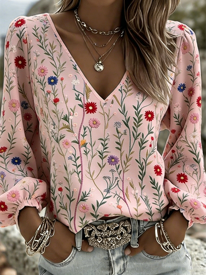 Dames bloem V-hals katoen en linnen lang T-shirt