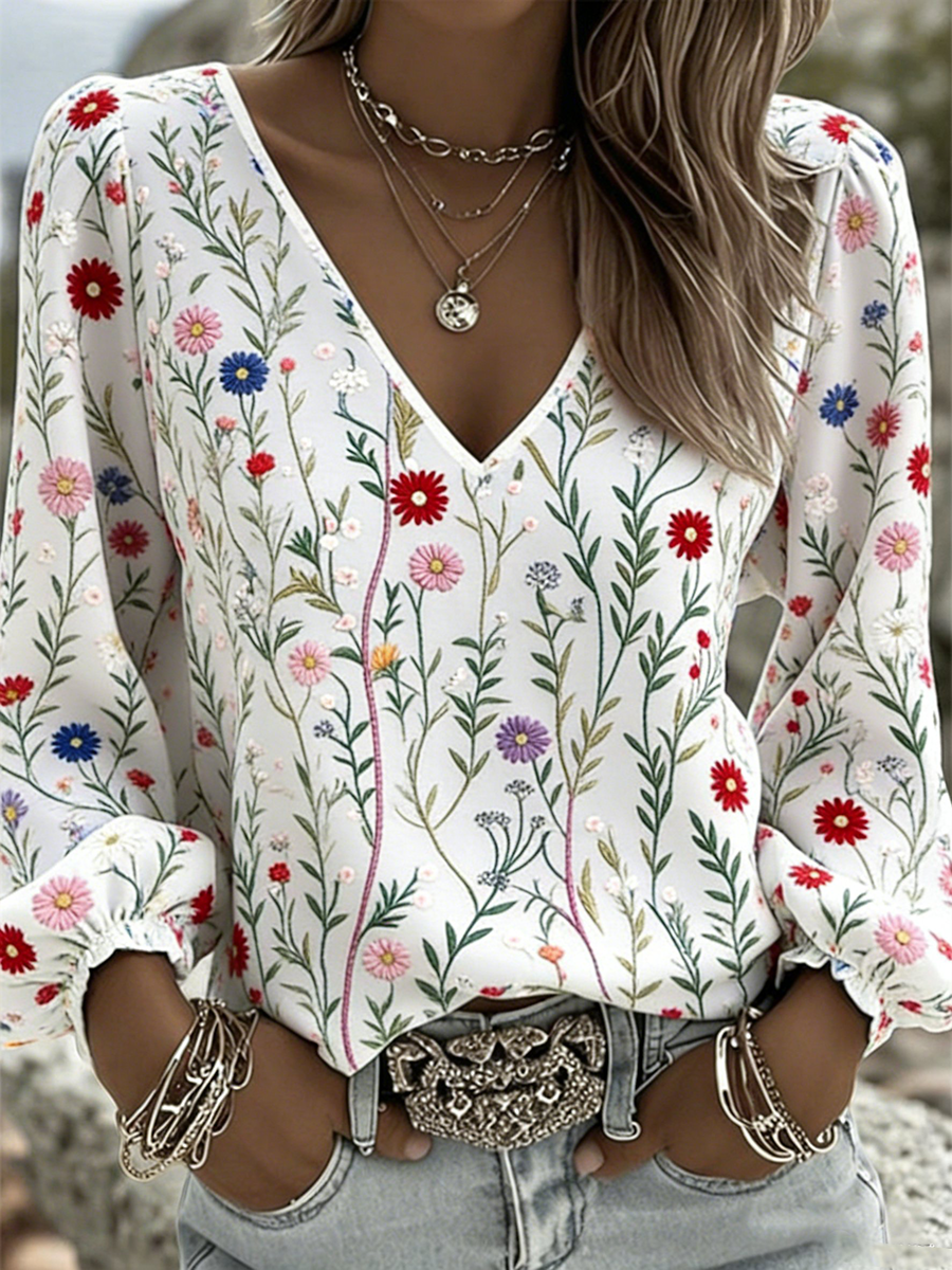 Dames bloem V-hals katoen en linnen lang T-shirt