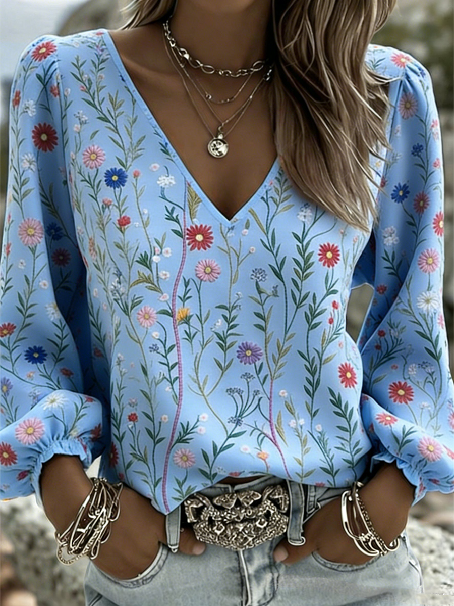 Dames bloem V-hals katoen en linnen lang T-shirt