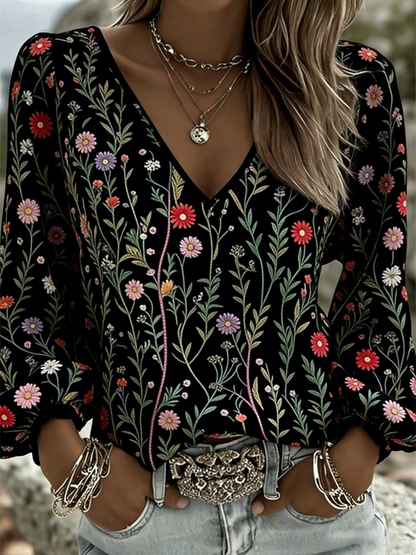 Dames bloem V-hals katoen en linnen lang T-shirt