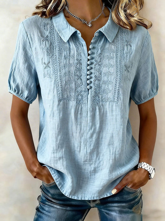 Damescasualt-shirt met bloemenprint van katoen-linnen