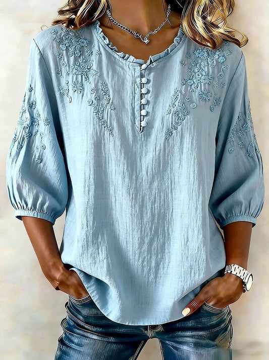 Dames bloemen katoen-linnen casual T-shirt