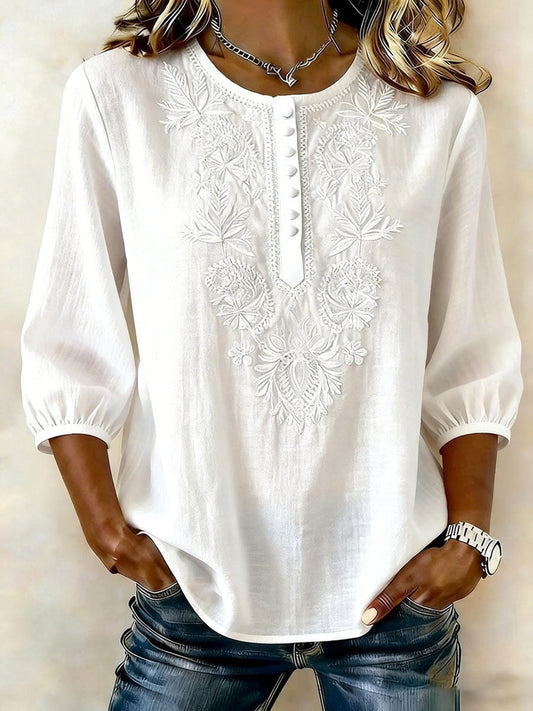 Dames T-shirt van katoen en linnen met bloemenpatroon