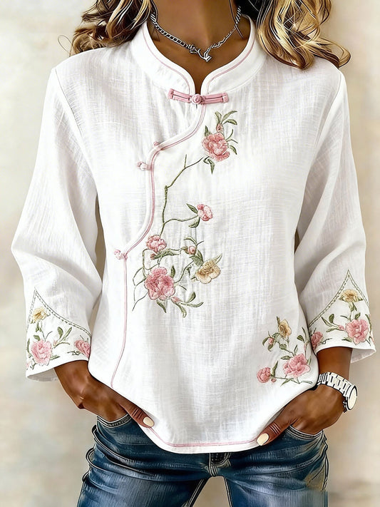 Dames gebloemde katoen en linnen T-shirt