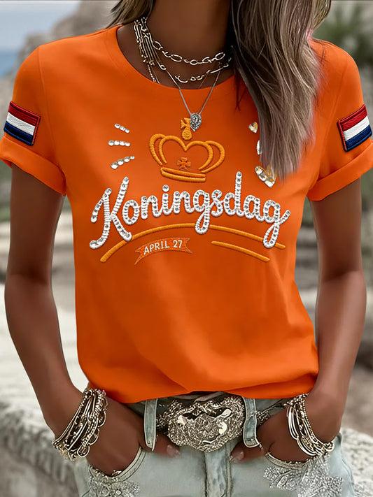 Dames Vintage Nederlandse Koningsdag Kroon Casual T-shirt
