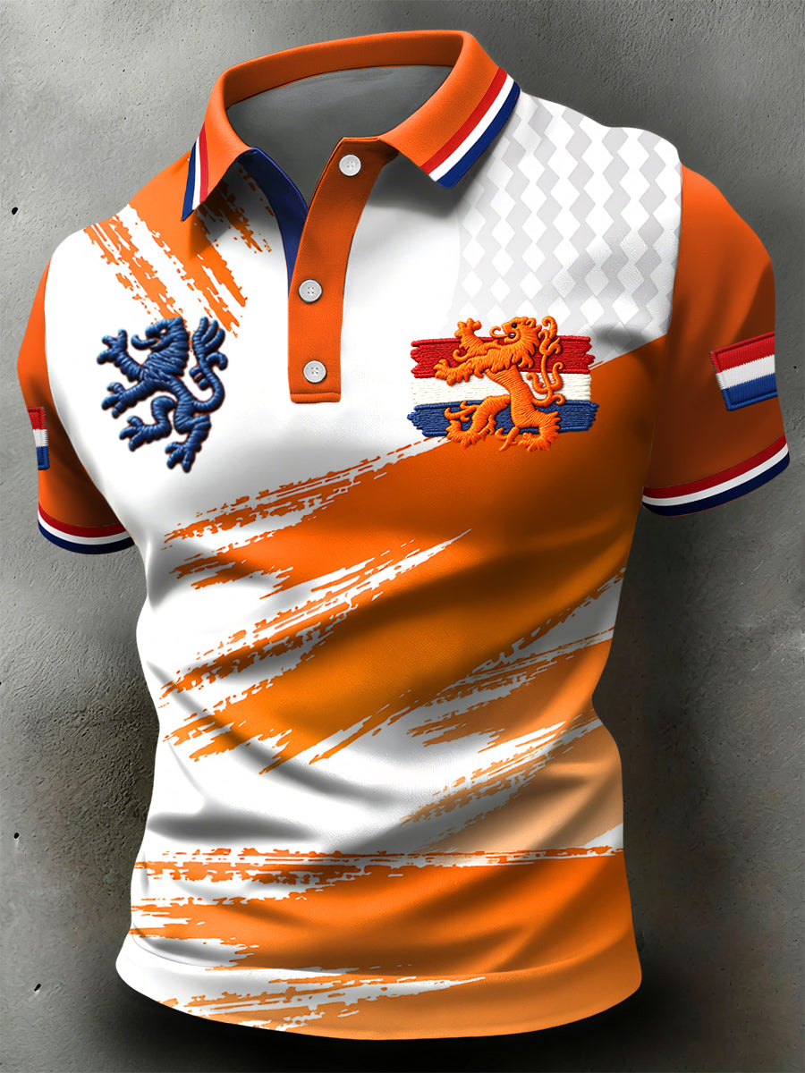 Retro Nederlandse Koningsdag Abstracte Textuur Kunst Casual Poloshirt