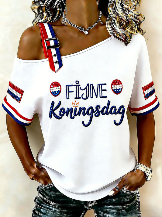 Dames Vintage Nederlandse Koningsdag Viering Casual off-shoulder T-shirt