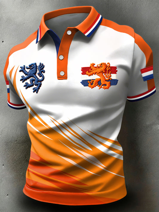 Retro Nederlandse Koningsdag Kunst Geometrisch Casual Poloshirt