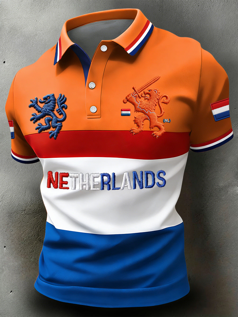 Retro Nederlandse Koningsdag gestreept patchwork casual poloshirt
