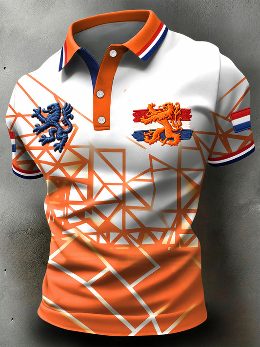 Retro Nederlandse Koningsdag Abstracte Lijn Kunst Casual Poloshirt