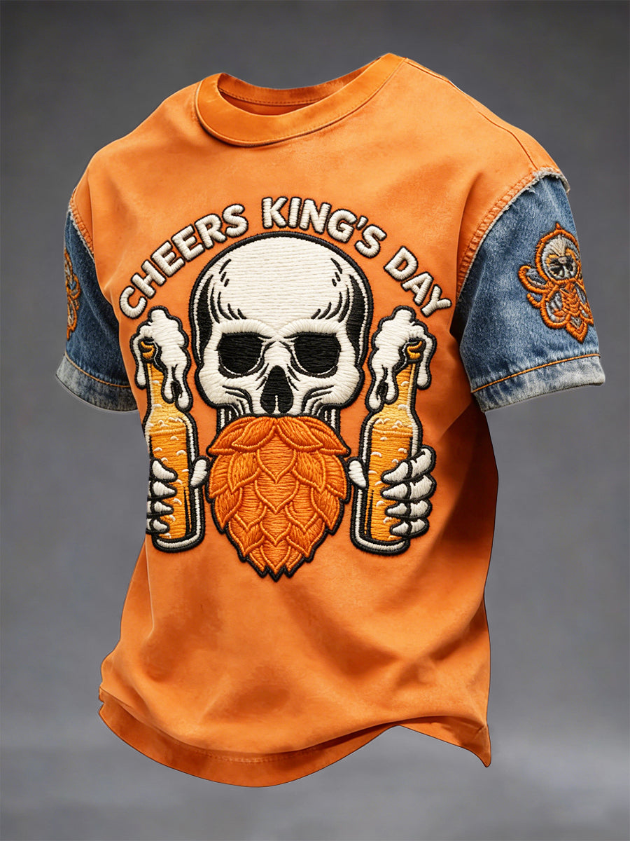 Heren Nederlandse Koningsdag Skull Print Casual Patchwork T-shirt