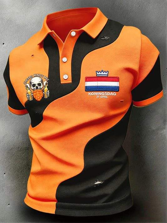 Nederlandse Vlag voor heren Koningsdag print oranje en zwart casual poloshirt